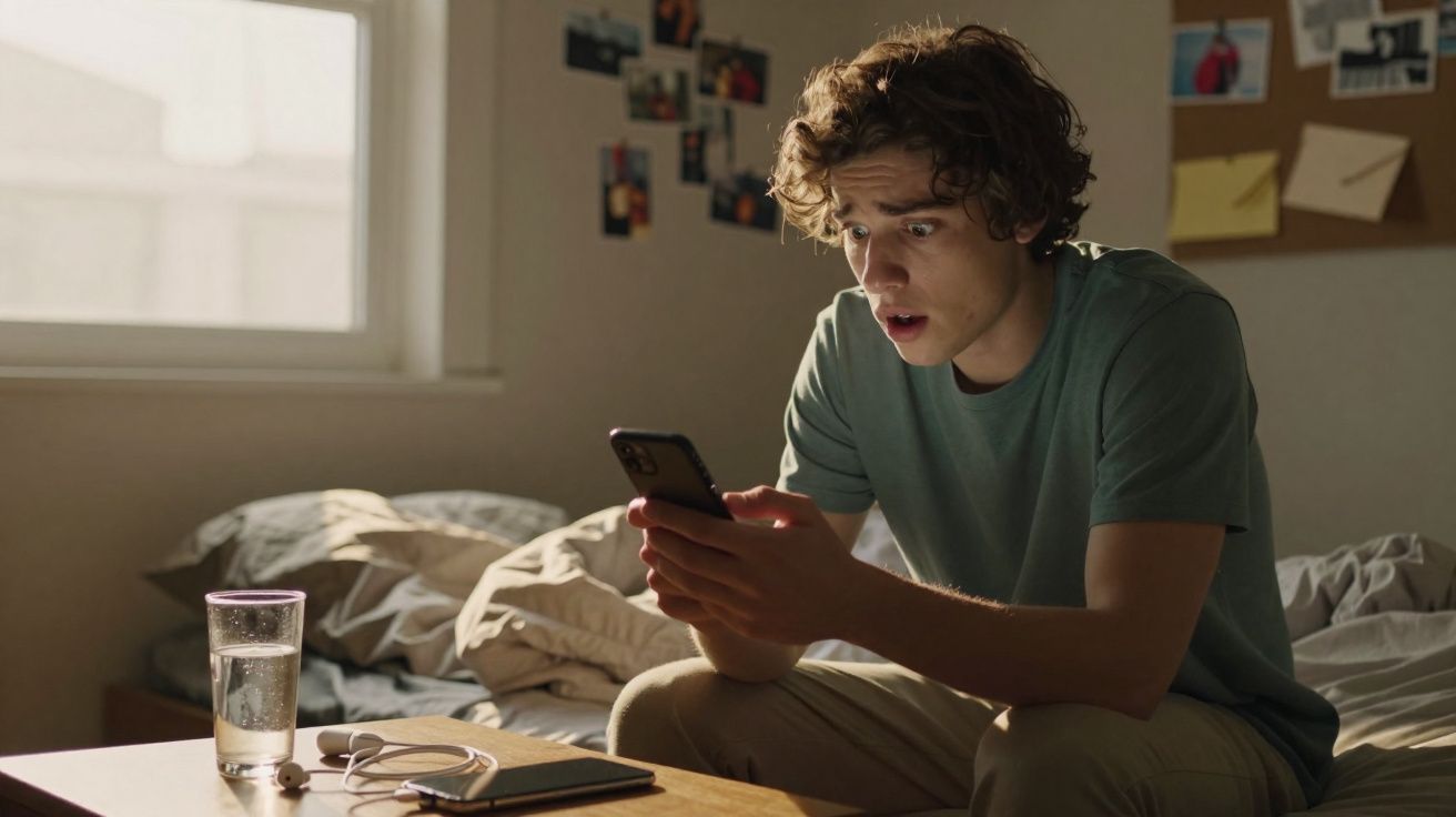 Jovem sentado na cama, olhando espantado para o telemóvel numa divisão iluminada pela luz natural.