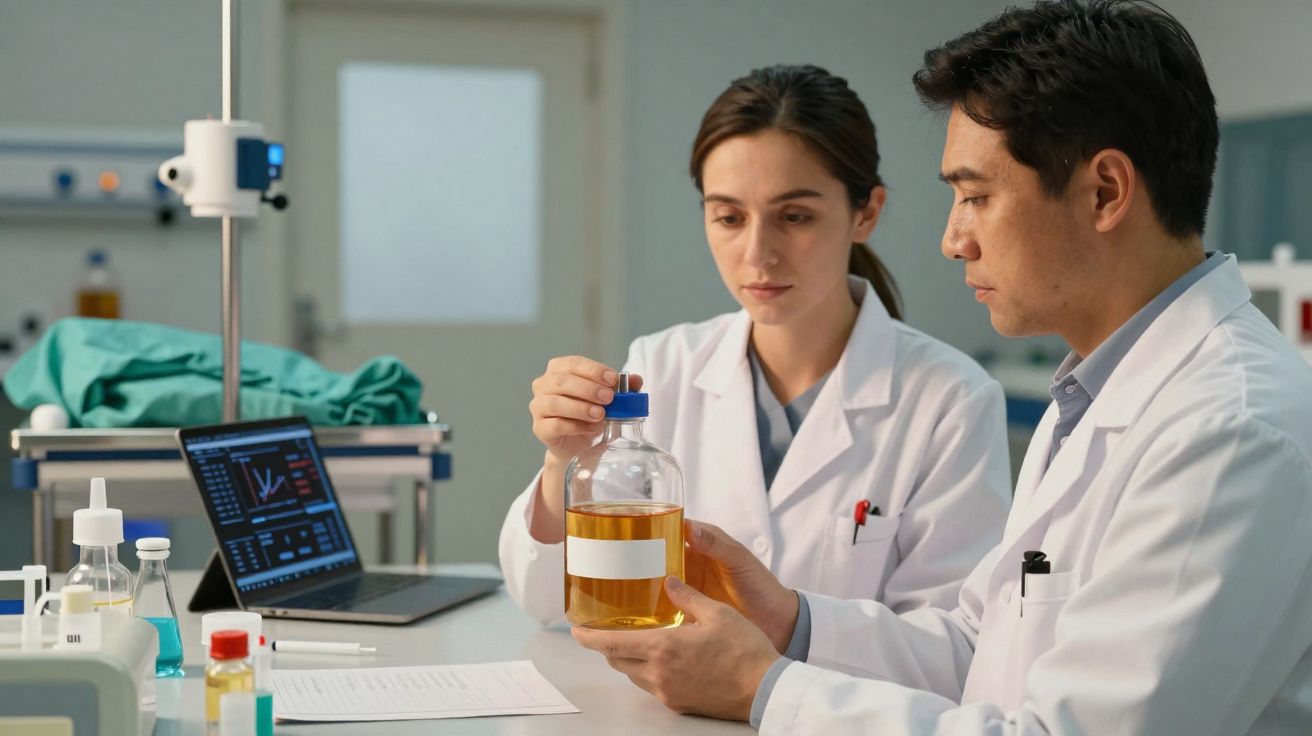 Dois cientistas em batas brancas analisam uma garrafa com líquido amarelo num laboratório moderno.