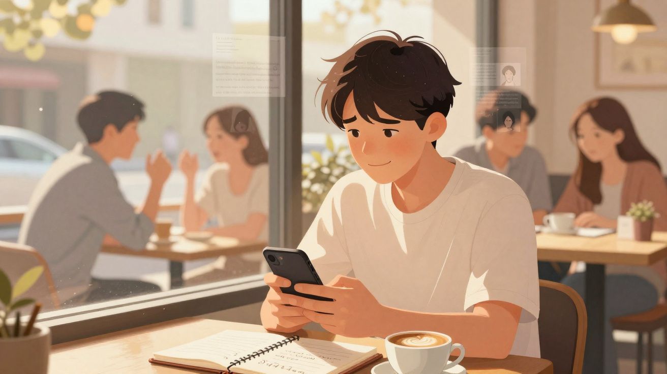 Jovem sentado num café a usar telemóvel com caderno e chávena de café à frente, outras pessoas ao fundo.