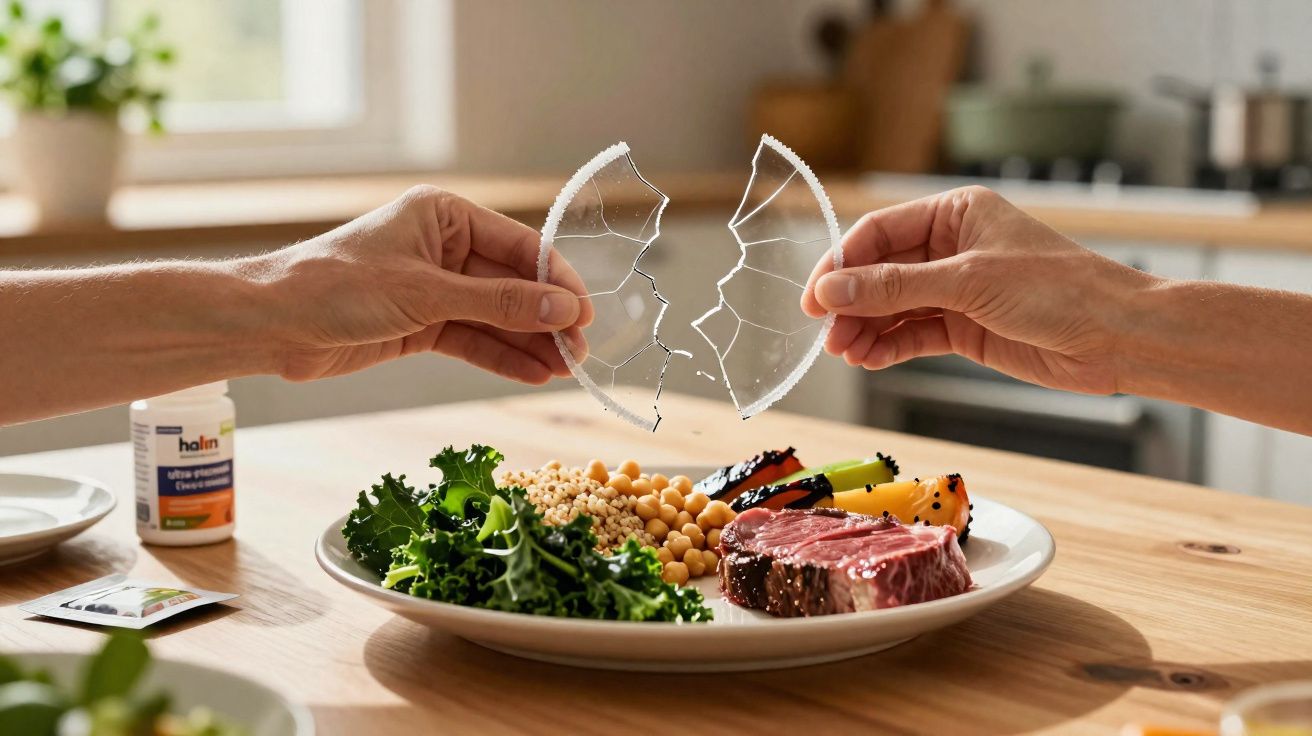 Duas mãos seguram um prato partido ao meio sobre uma refeição saudável com vegetais, grão e carne.