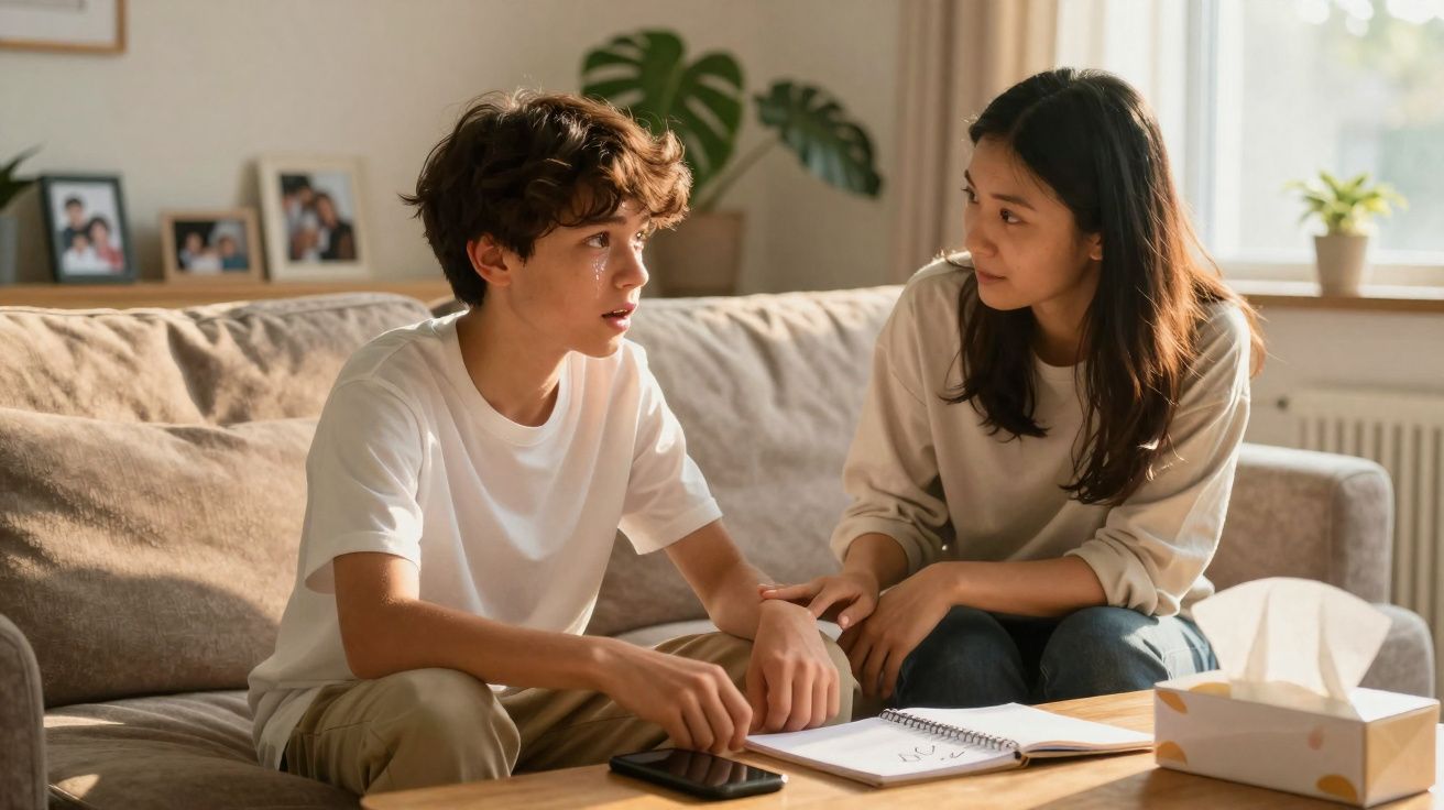 Mulher conversa de forma reconfortante com rapaz jovem num sofá em sala iluminada.