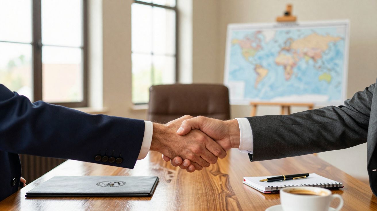 Duas pessoas em fato apertam as mãos numa mesa de madeira com documentos, caderno e chávena de café.
