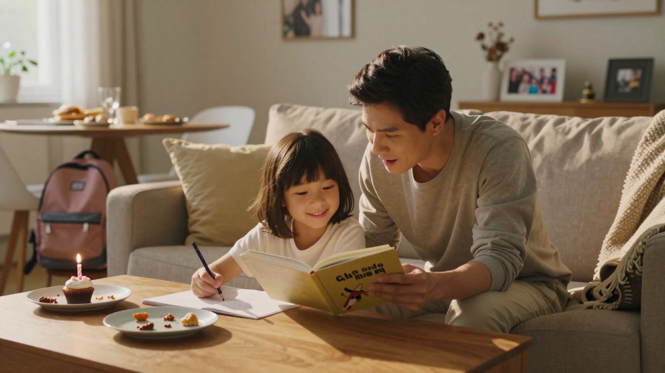 Pai e filha sentados no sofá a ler um livro enquanto a menina faz os trabalhos de casa na sala.