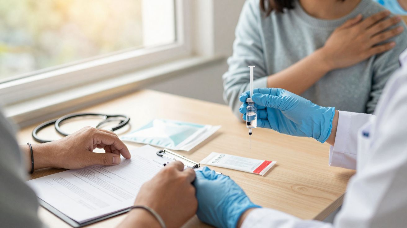 Profissional de saúde com luvas azuis prepara vacina para paciente que segura o ombro num consultório.