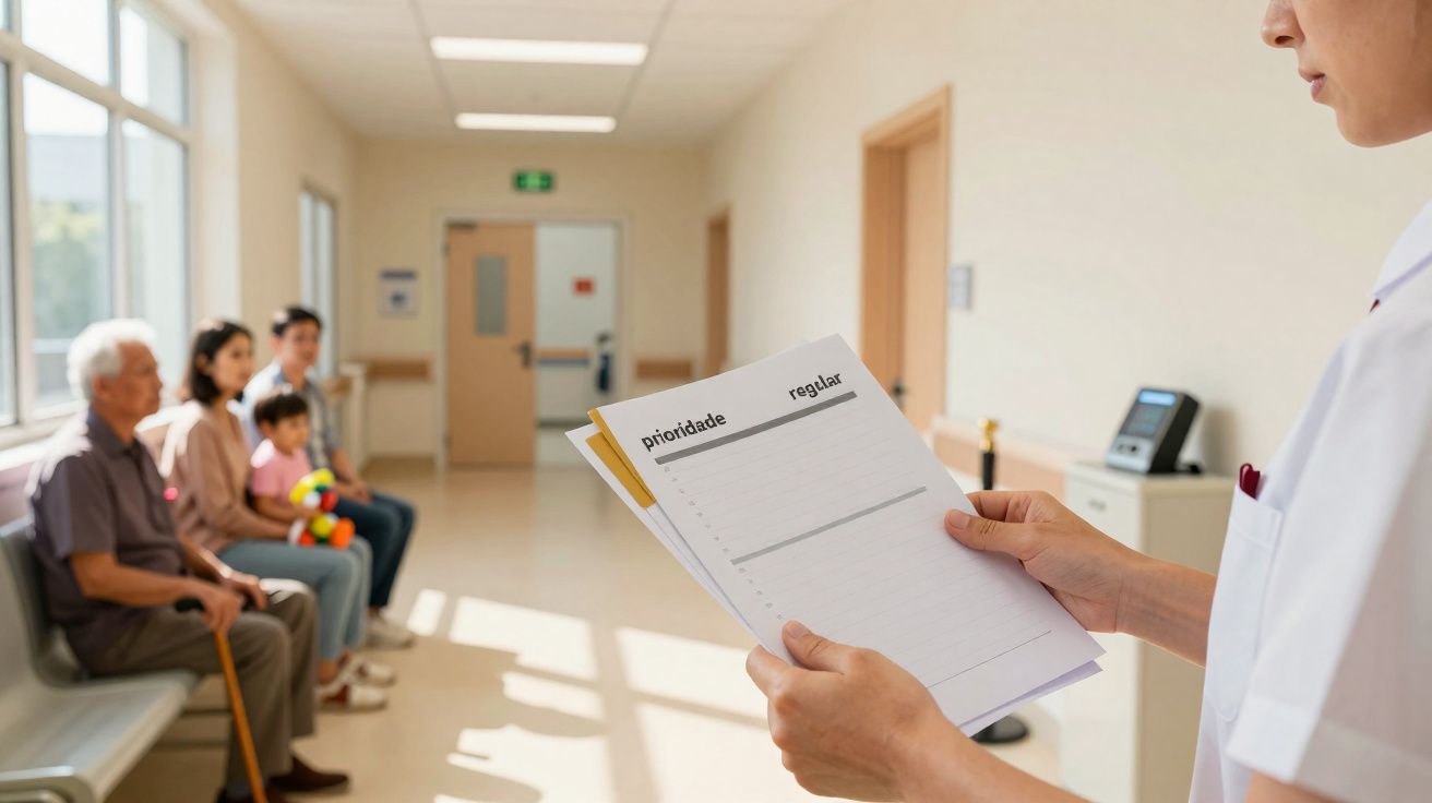 Profissional de saúde a segurar formulários de prioridade com pessoas sentadas em sala de espera de hospital.