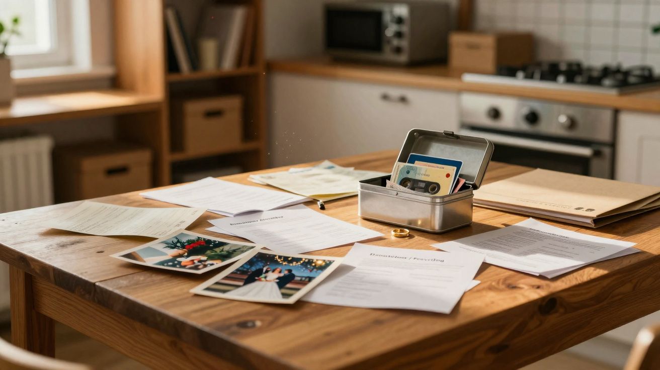 Mesa de madeira com fotos, documentos e caixa metálica aberta numa cozinha iluminada pela janela.