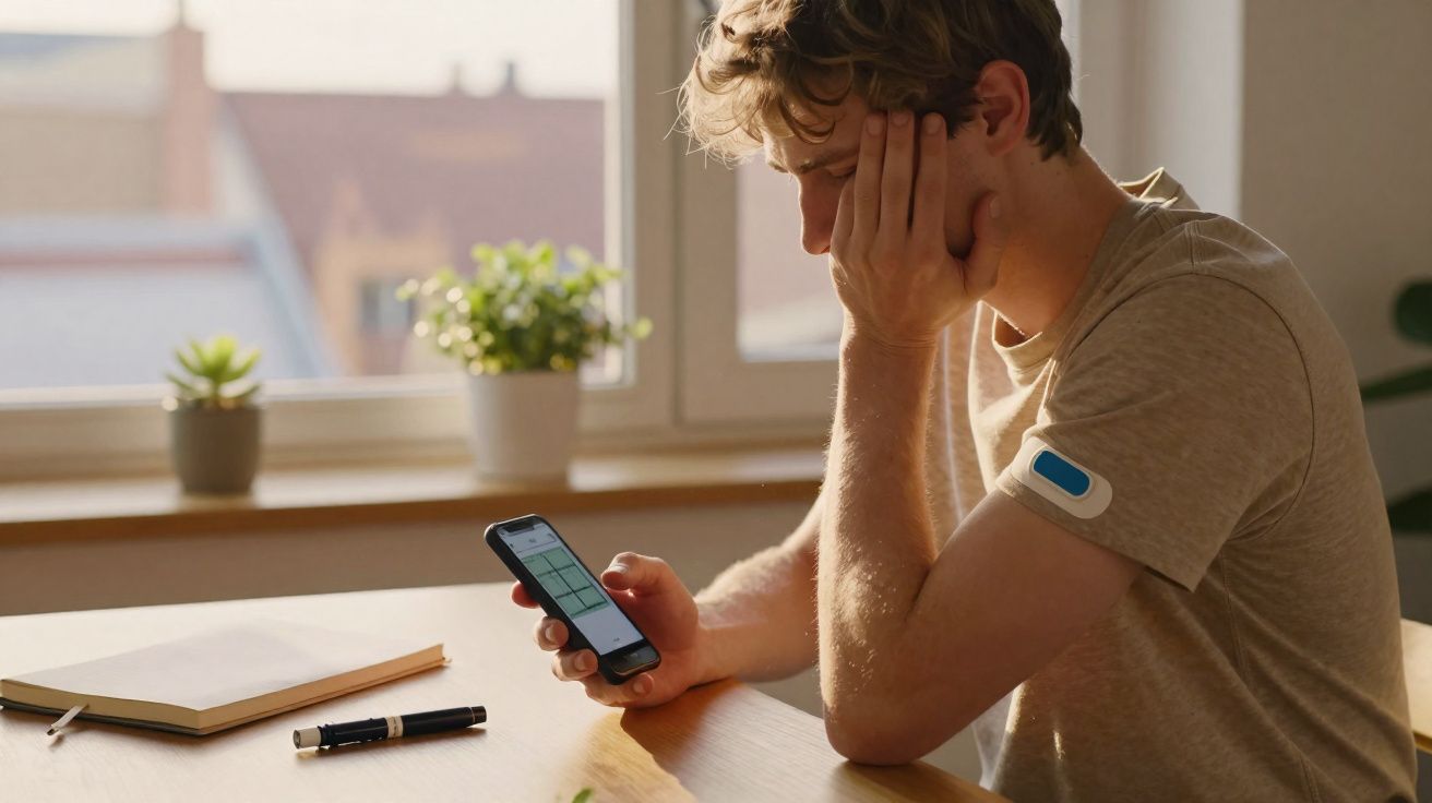 Homem sentado a olhar preocupado para o telemóvel, com sensor de glucose no braço e material de diabetes na mesa.