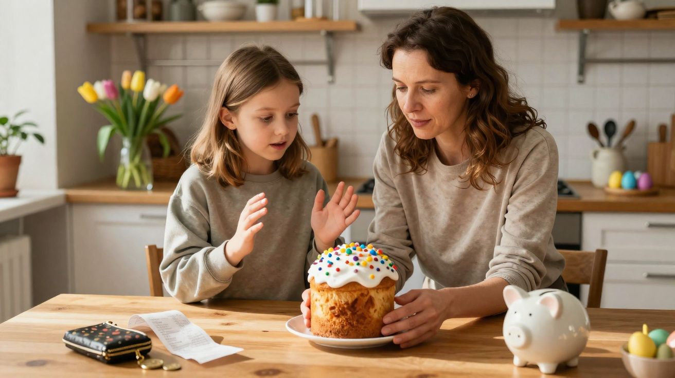 Mulher e menina sentadas à mesa da cozinha com um bolo decorado com glacé e bolas coloridas à sua frente.