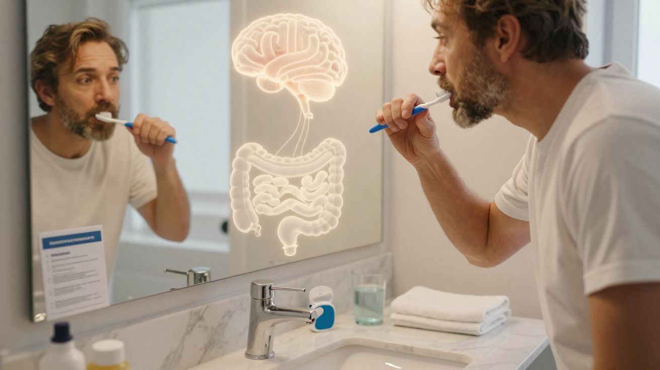 Homem escovando os dentes em frente ao espelho com ilustração do cérebro e intestinos no vidro.
