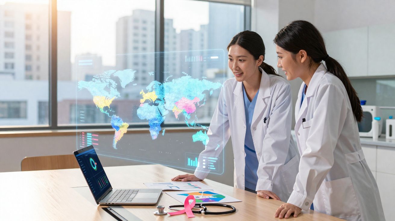 Duas médicas em laboratório analisam dados de mapa-múndi e gráficos digitais projetados acima de um portátil.