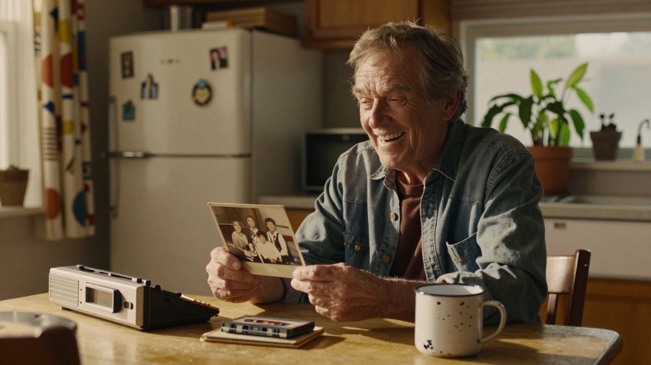 Homem idoso feliz sentado à mesa a olhar para fotografia antiga, com cassete e máquina de escrever à sua frente.