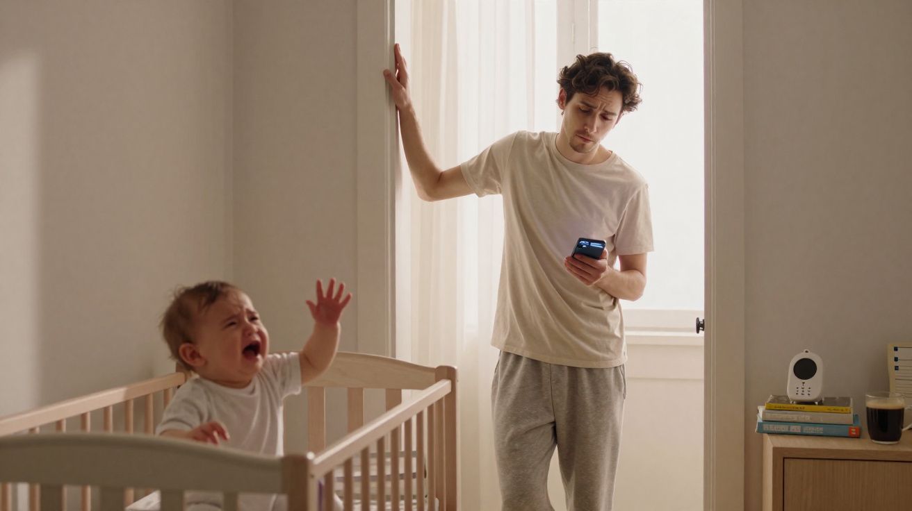 Bebé a chorar no berço e homem preocupado a olhar para o telemóvel numa divisão com luz natural.