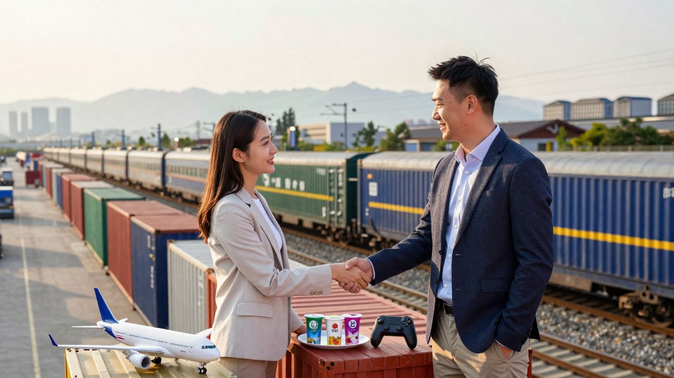 Dois adultos a cumprimentarem-se com aperto de mão junto a contentores de carga e comboio, com modelo de avião e comando de j