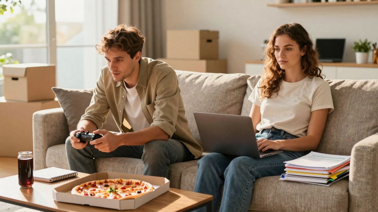 Jovem homem a jogar videojogos e mulher a trabalhar num computador portátil sentados no sofá com pizza e bebida na mesa.