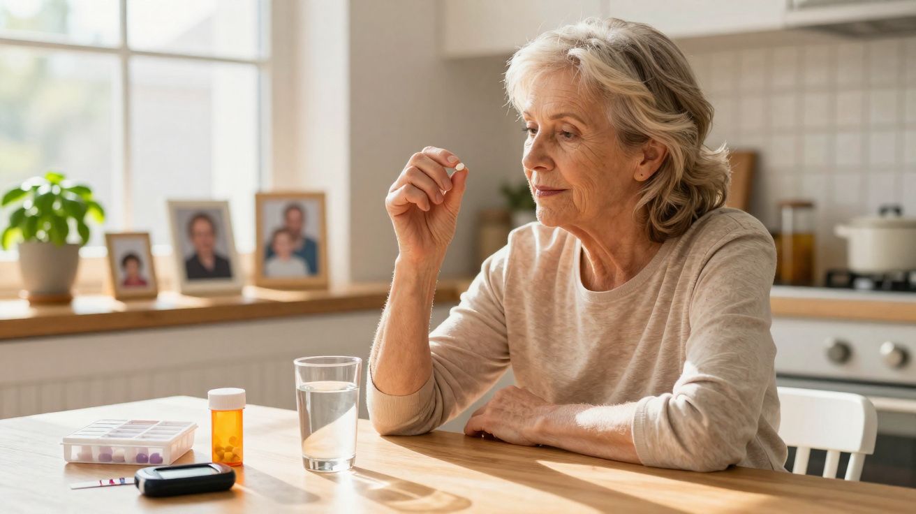 Mulher idosa sentada à mesa a segurar um comprimido, com vidro de água e medicamentos à sua frente na cozinha.