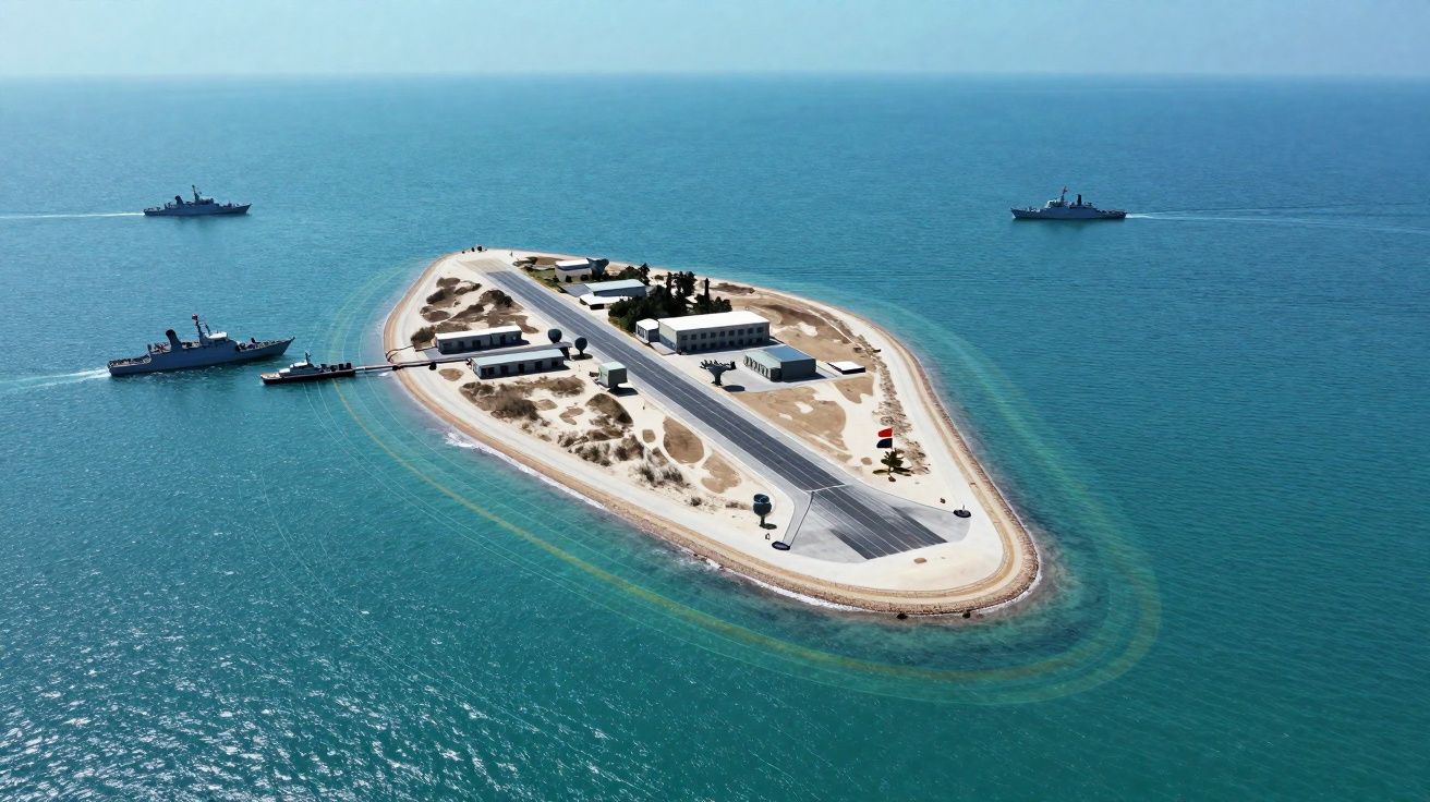 Ilha pequena com pista de aterrisagem e edifícios, rodeada por embarcações militares no mar azul.
