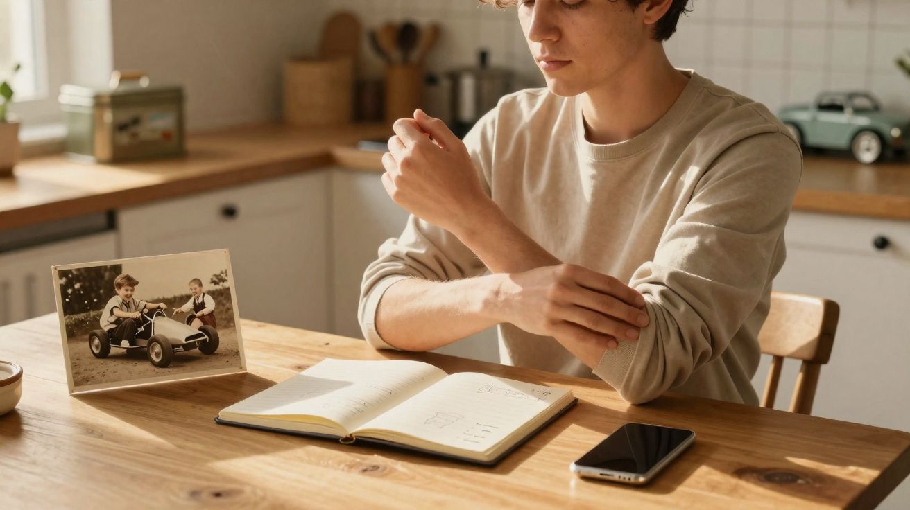 Jovem a olhar para um braço com expressão pensativa sentado à mesa com caderno, telemóvel e foto antiga.