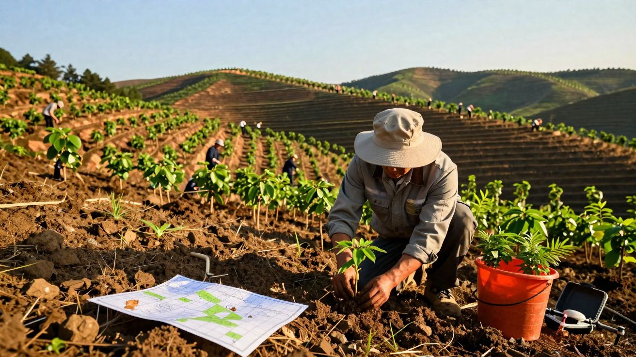 Agricultor a plantar em campo com colinas e outros trabalhadores ao fundo ao amanhecer.