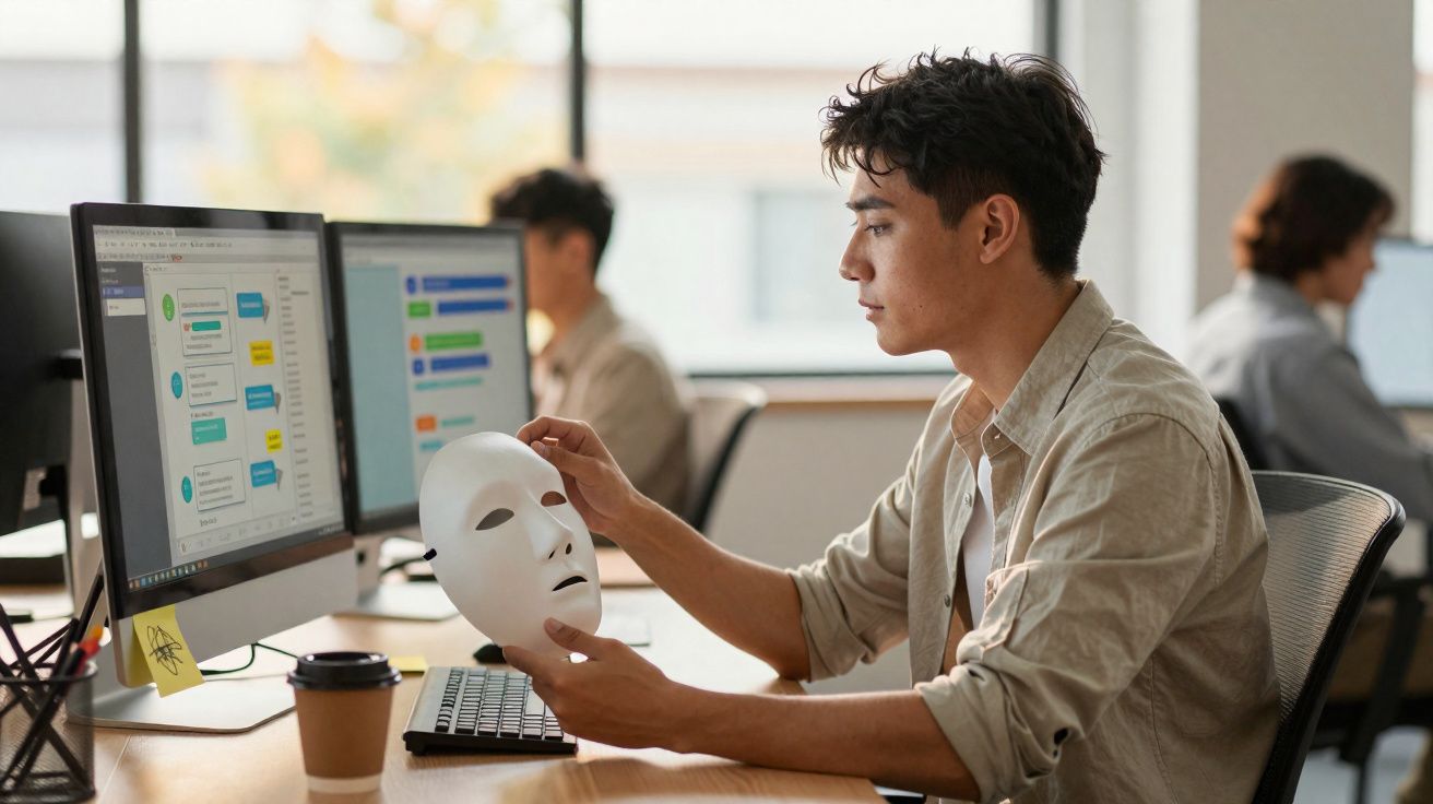 Homem jovem sentado no escritório a segurar uma máscara branca enquanto olha para ecrã de computador.