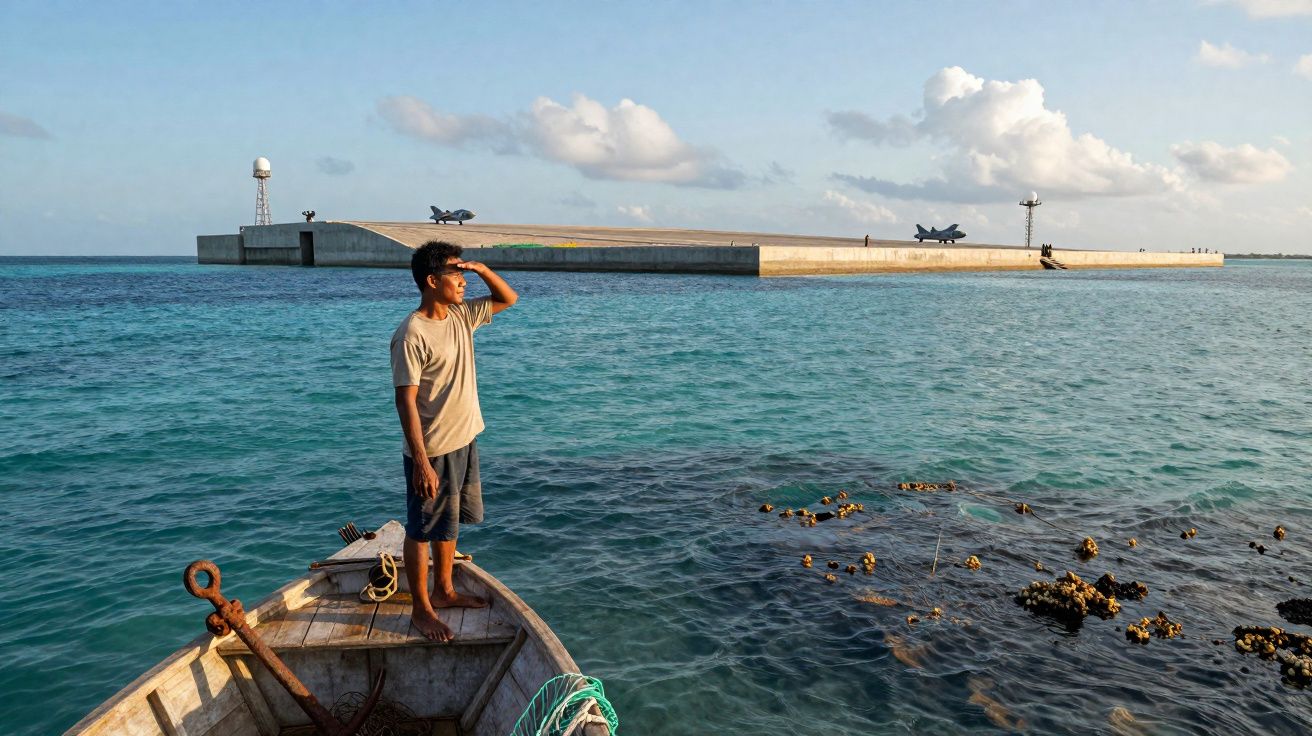 Homem em barco observa um grande píer com duas estátuas de tubarão em mar calmo e céu nublado.