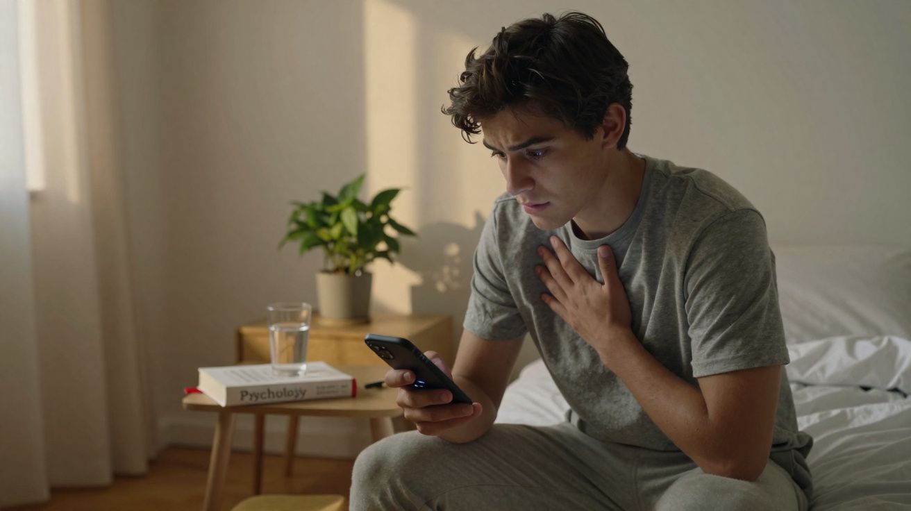 Jovem sentado na cama, preocupado, olhando para o telemóvel com a mão no peito.