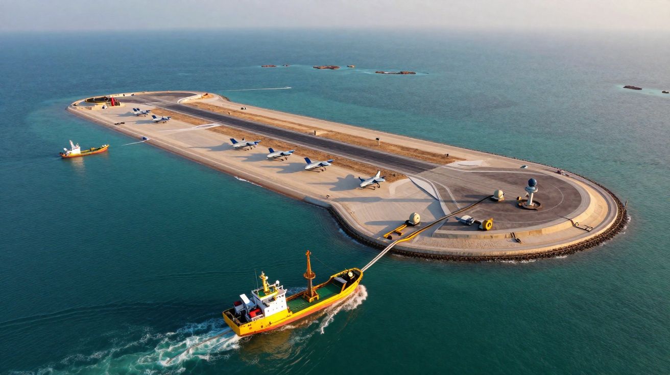 Aeroporto em ilha artificial com aviões estacionados e navio amarelo navegando no mar azul.