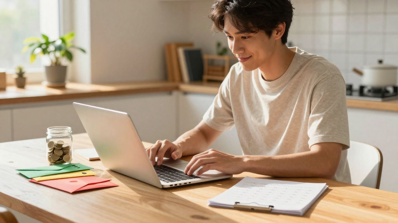 Jovem a trabalhar num computador portátil numa mesa de madeira com envelope, jarra de moedas e calendário.