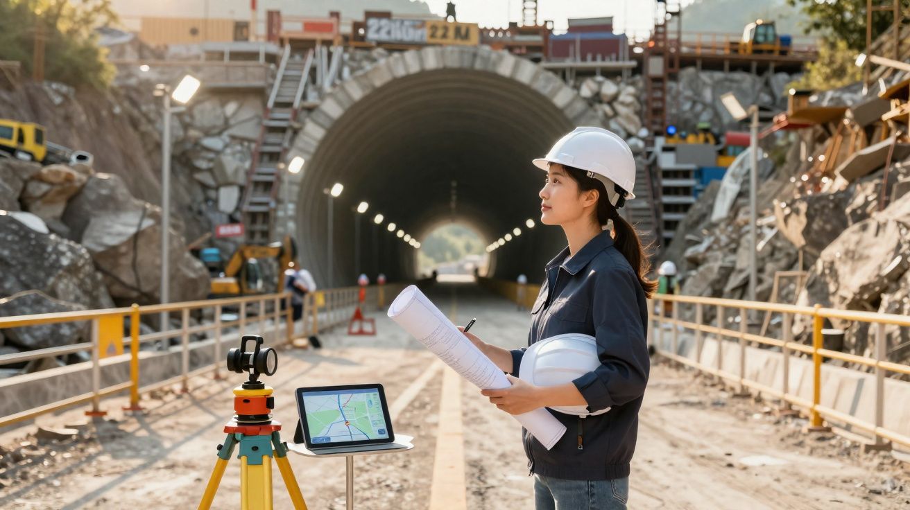 Engenheira de construção com capacete e plantas, a inspeccionar obra de túnel com equipamento topográfico.