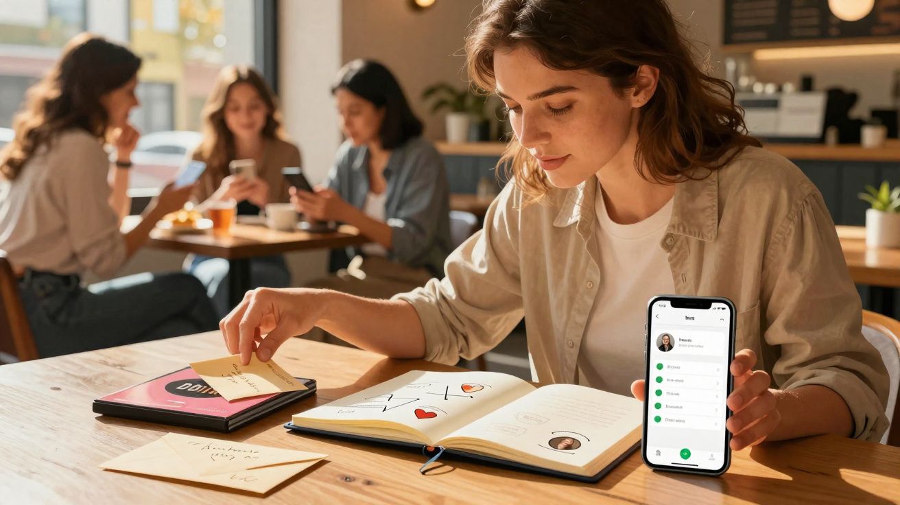 Mulher sentada numa mesa com caderno aberto e telemóvel a mostrar aplicação, com outras pessoas ao fundo.
