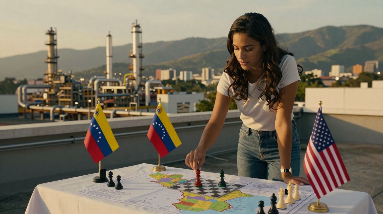Mulher a jogar xadrez sobre mapa com bandeiras da Venezuela e Estados Unidos numa cobertura industrial.