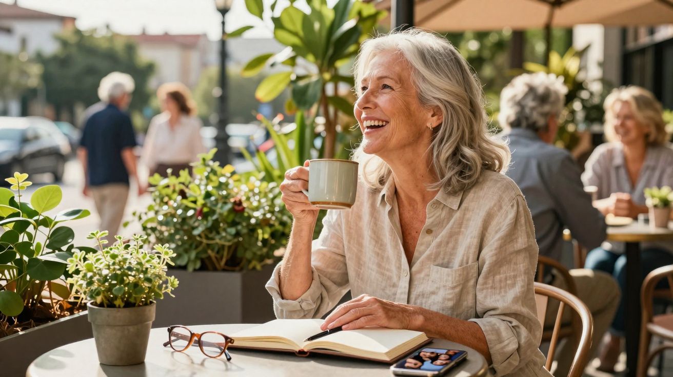 Mulher sorridente sentada numa esplanada a beber café, com livro aberto e telemóvel na mesa.