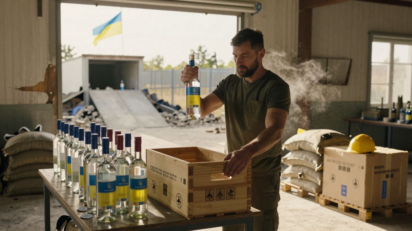 Homem a embalar garrafas com rótulos nas cores da bandeira da Ucrânia numa sala industrial.