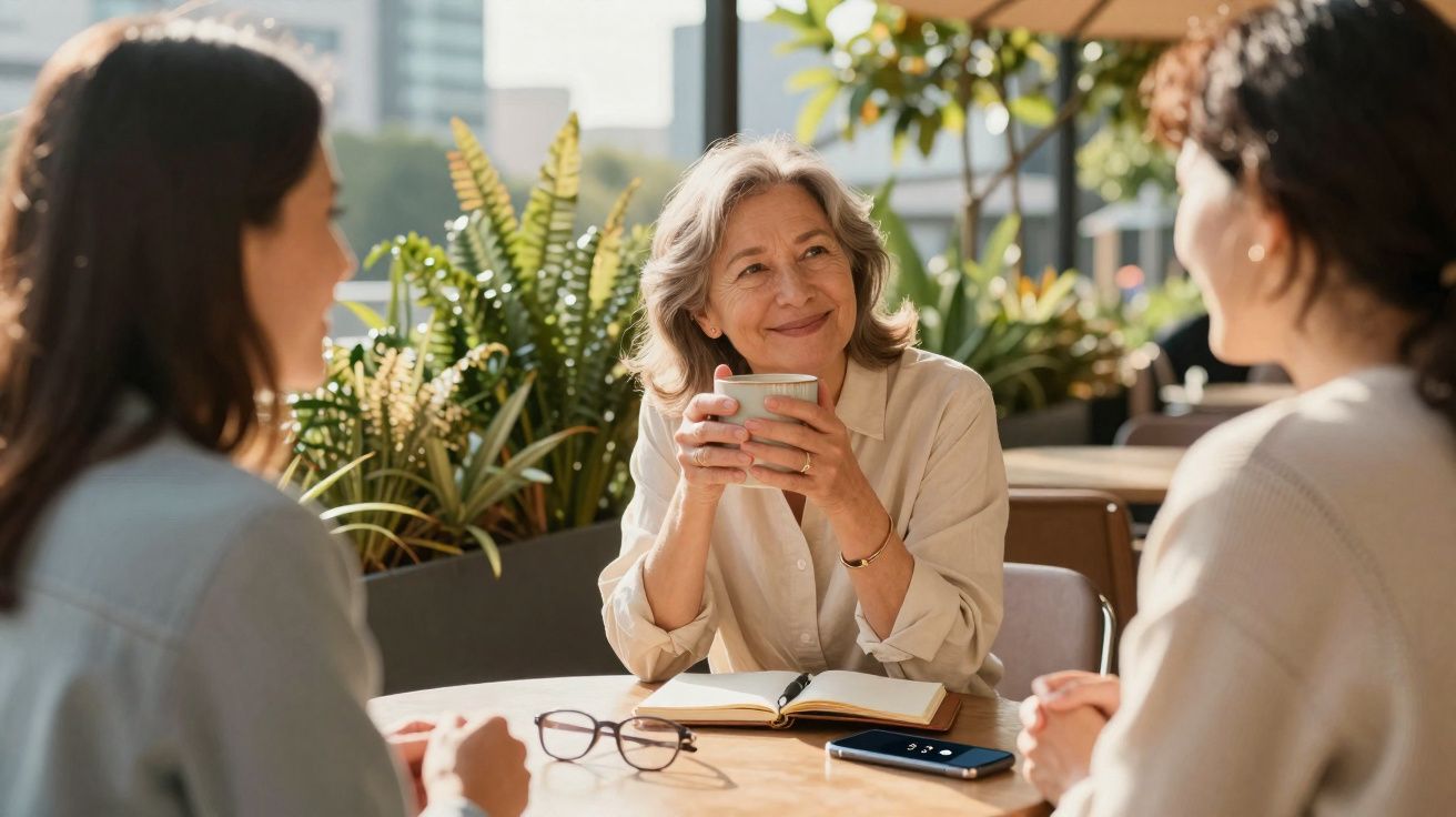 Três mulheres a conversar e sorrir numa esplanada, com chávena, caderno e telemóvel na mesa.