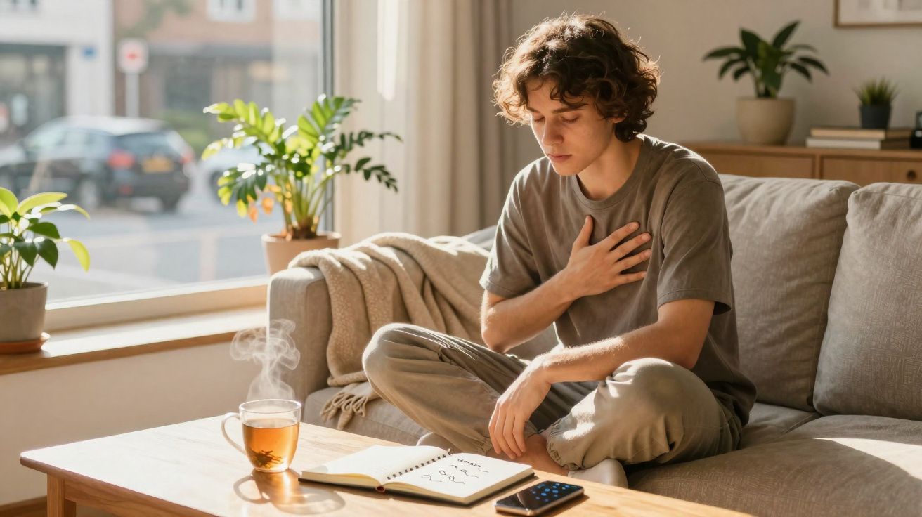 Jovem sentado no sofá com mão no peito, parecendo desconforto, ao lado de chá quente e caderno aberto.