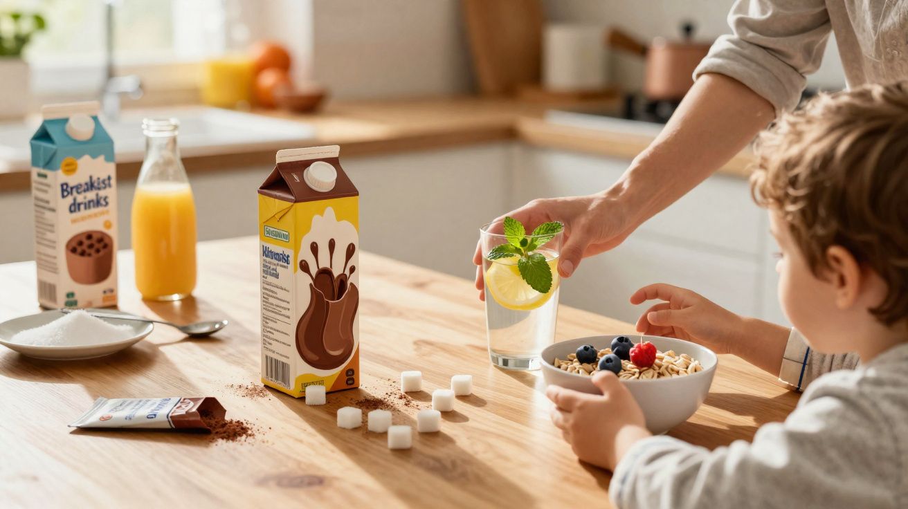 Criança a tomar pequeno-almoço com cereais e adulto a entregar copo de água com limão e hortelã na cozinha.
