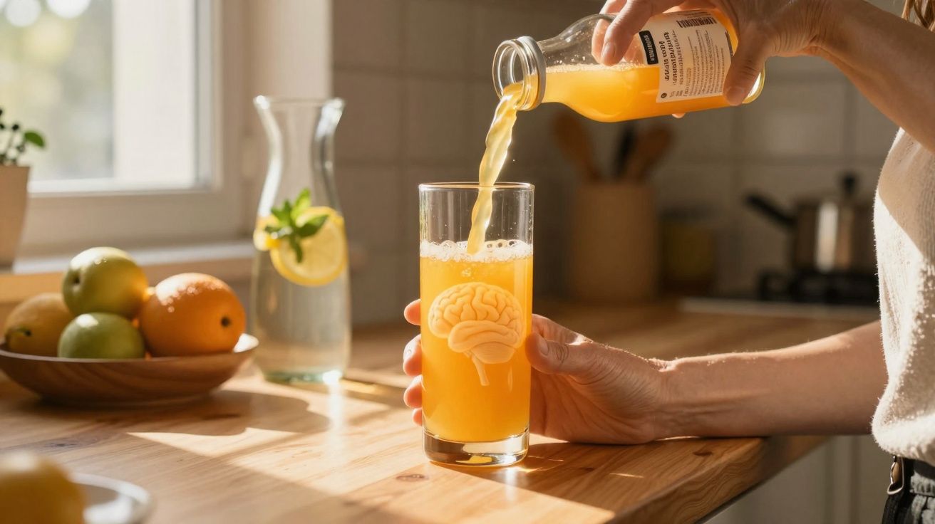 Pessoa a servir sumo de laranja num copo com imagem de cérebro numa cozinha iluminada pela luz natural.