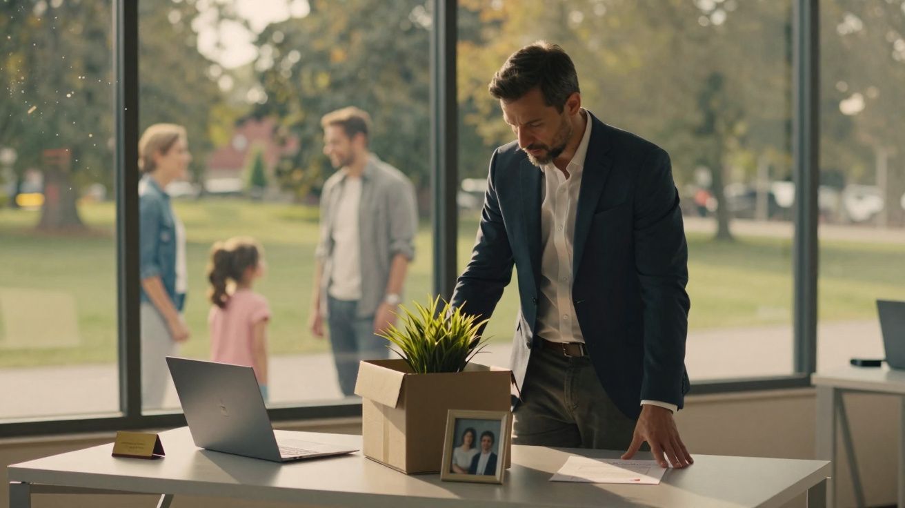 Homem a recolher pertences num escritório com caixa, planta e foto, com família ao fundo numa janela.