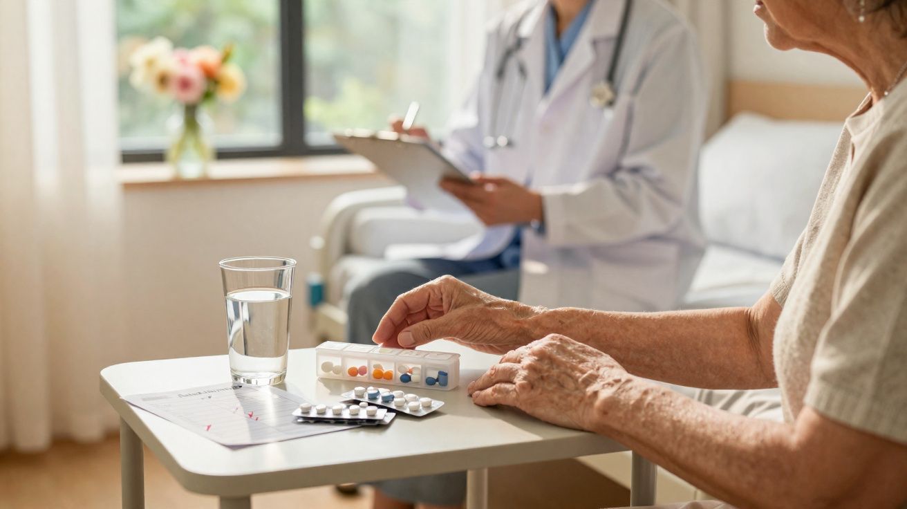 Idosa organiza medicamentos num doseador enquanto médica toma notas ao fundo numa consulta em casa.