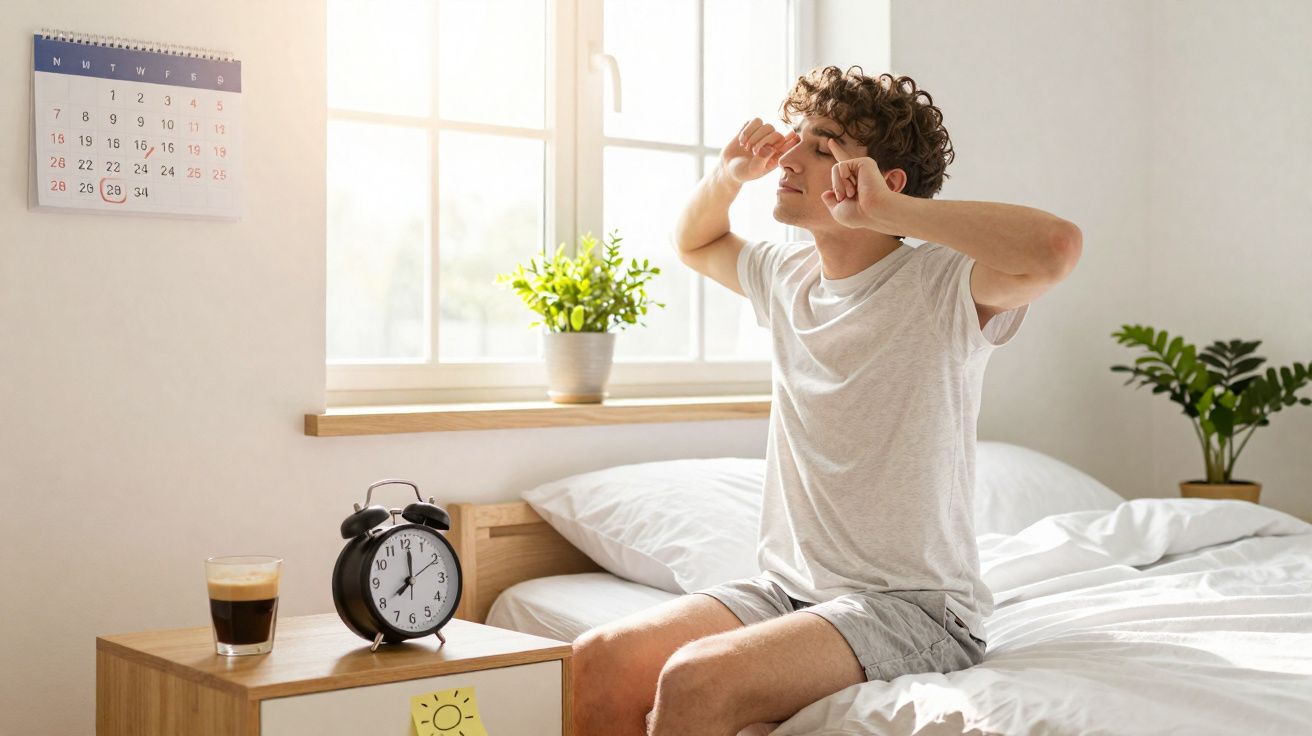 Jovem a espreguiçar-se sentado numa cama de quarto iluminado, com despertador e café na mesa de cabeceira.