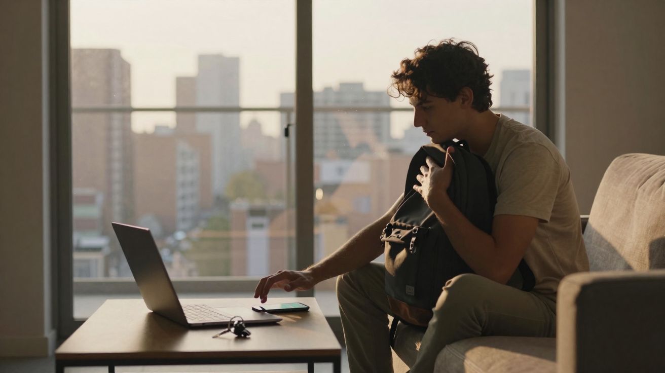 Jovem sentado no sofá a usar computador portátil numa sala com vista para a cidade ao entardecer.