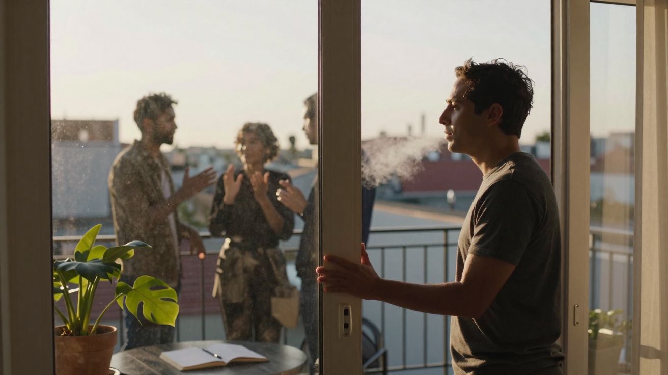 Homem a fumar na varanda enquanto três pessoas conversam do lado de fora ao entardecer.