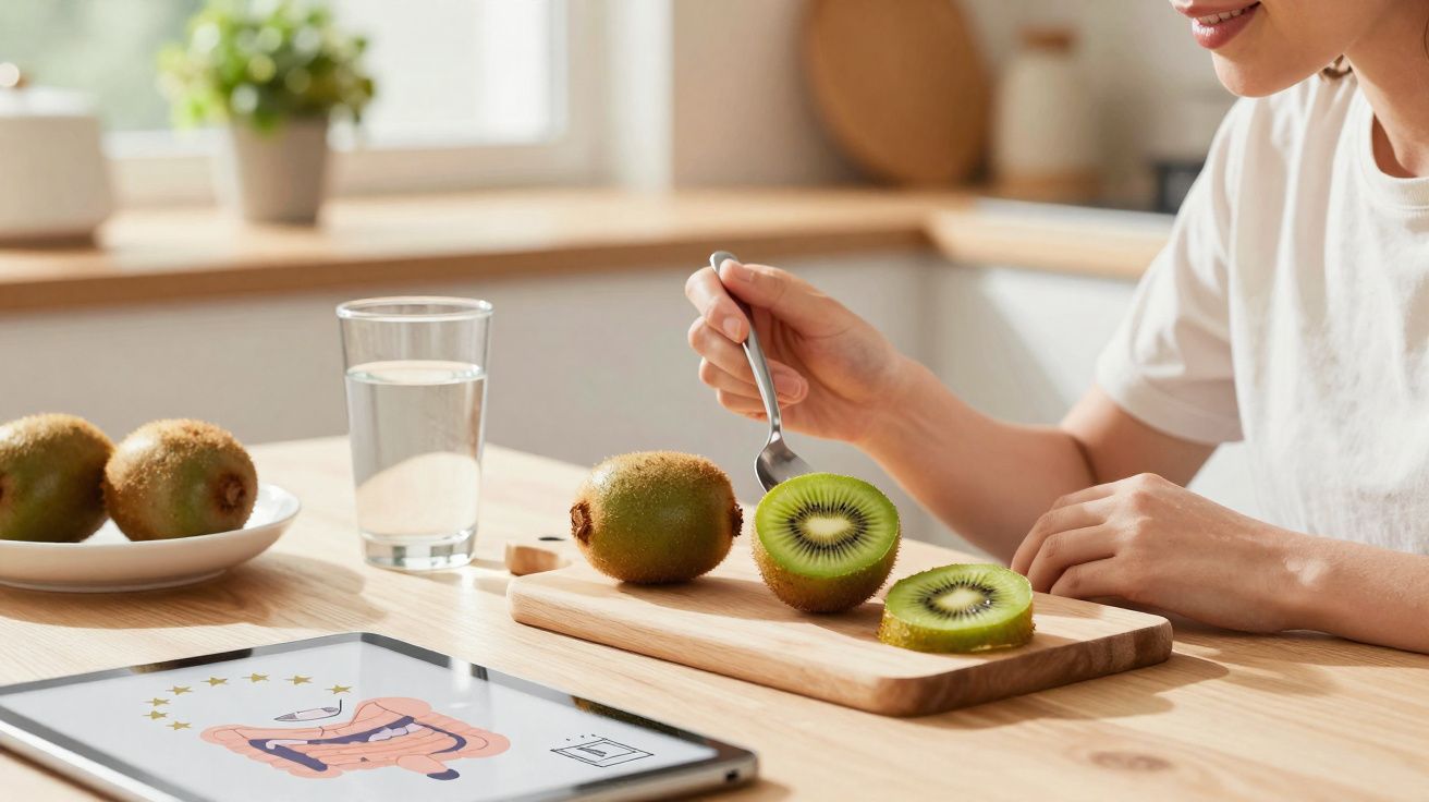 Pessoa a comer kiwi com colher à mesa, com tablet mostrando ilustração do sistema digestivo.
