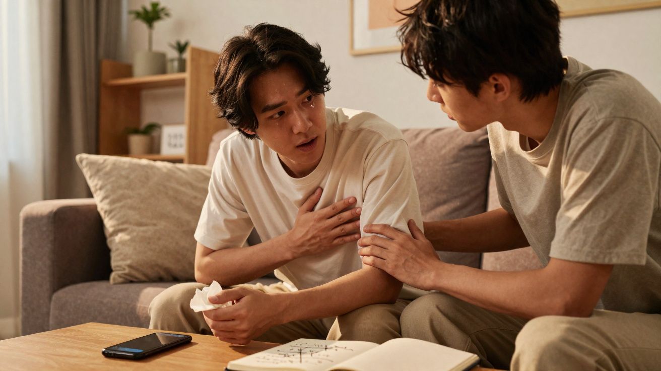 Dois homens conversam sentados numa sala, um aparenta preocupação e o outro conforta-o tocando-lhe no braço.