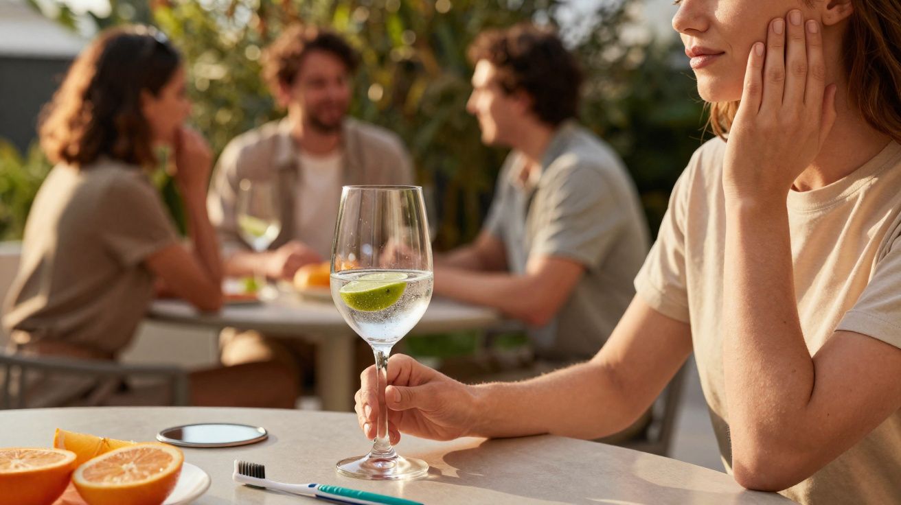 Pessoa com copo de bebida, lima e grupo conversando ao fundo numa mesa ao ar livre ensolarada.