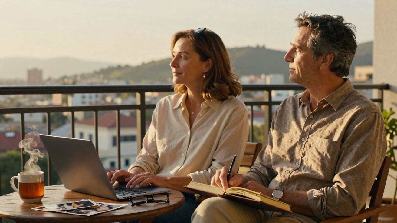Casal sentado numa varanda com laptop, caderno e chá quente, olhando para o horizonte ao pôr do sol.