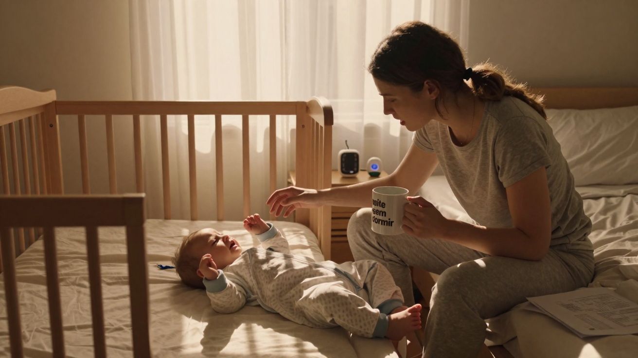 Mãe sentada na cama a acalmar bebé a sorrir no berço num quarto iluminado pela luz natural.