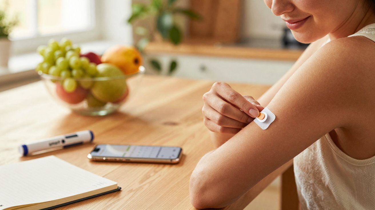 Mulher a aplicar um adesivo de monitorização de glicose no braço, com frutas e telemóvel na mesa.