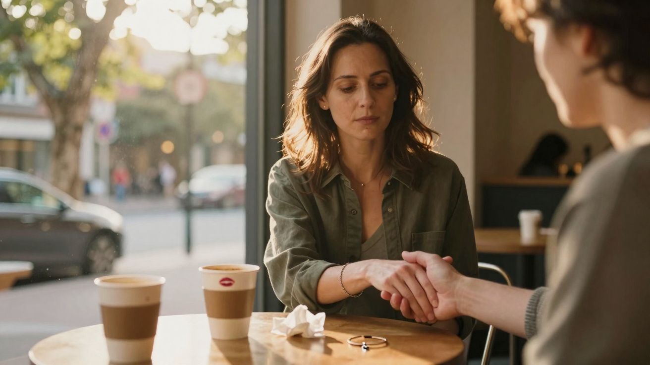 Mulher com expressão séria a ser consolada por outra pessoa numa cafetaria com duas bebidas na mesa.