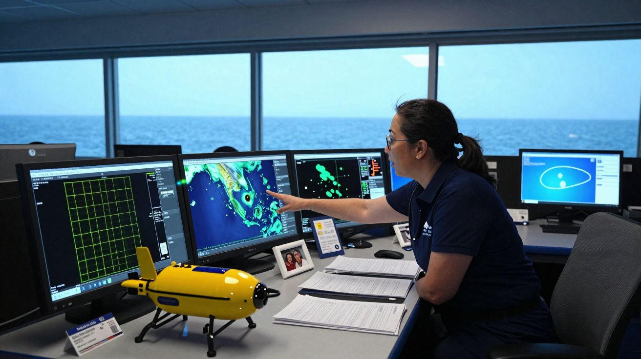 Mulher em ambiente marítimo analisa mapas e dados numéricos em vários ecrãs de computador com modelo de submarino amarelo.