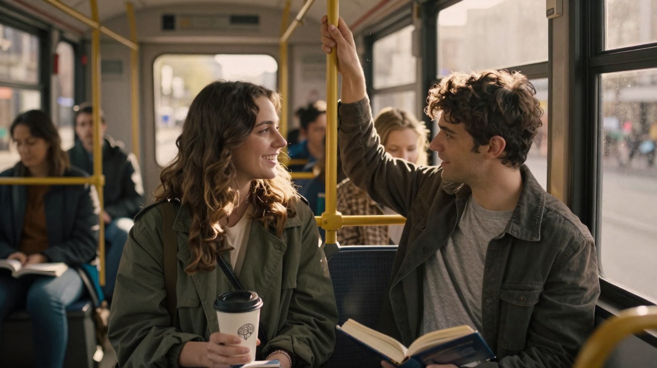 Casal jovem sorri e conversa enquanto viajam sentados num autocarro urbano durante o dia.
